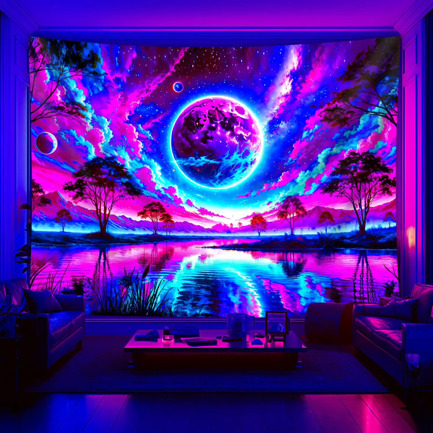 1pc Glow-in-the-Dark UV Reactive Neon Gradient Planet Tapestry - Synthetic Polyester Home Supplies Wall Decor, Large Peach Light Beige Wrinkle-Resistant Durable Fabric Hanging, Indoor Bedroom Cosmic Art Decor with Free Hanging Accessories