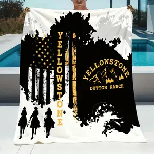 A Yellowstone Dutton Ranch flag silhouette blanket featuring mountains, made of soft, warm flannel, perfect for all seasons. Ideal for use on sofas, beds, in the office, as a throw, or while camping.