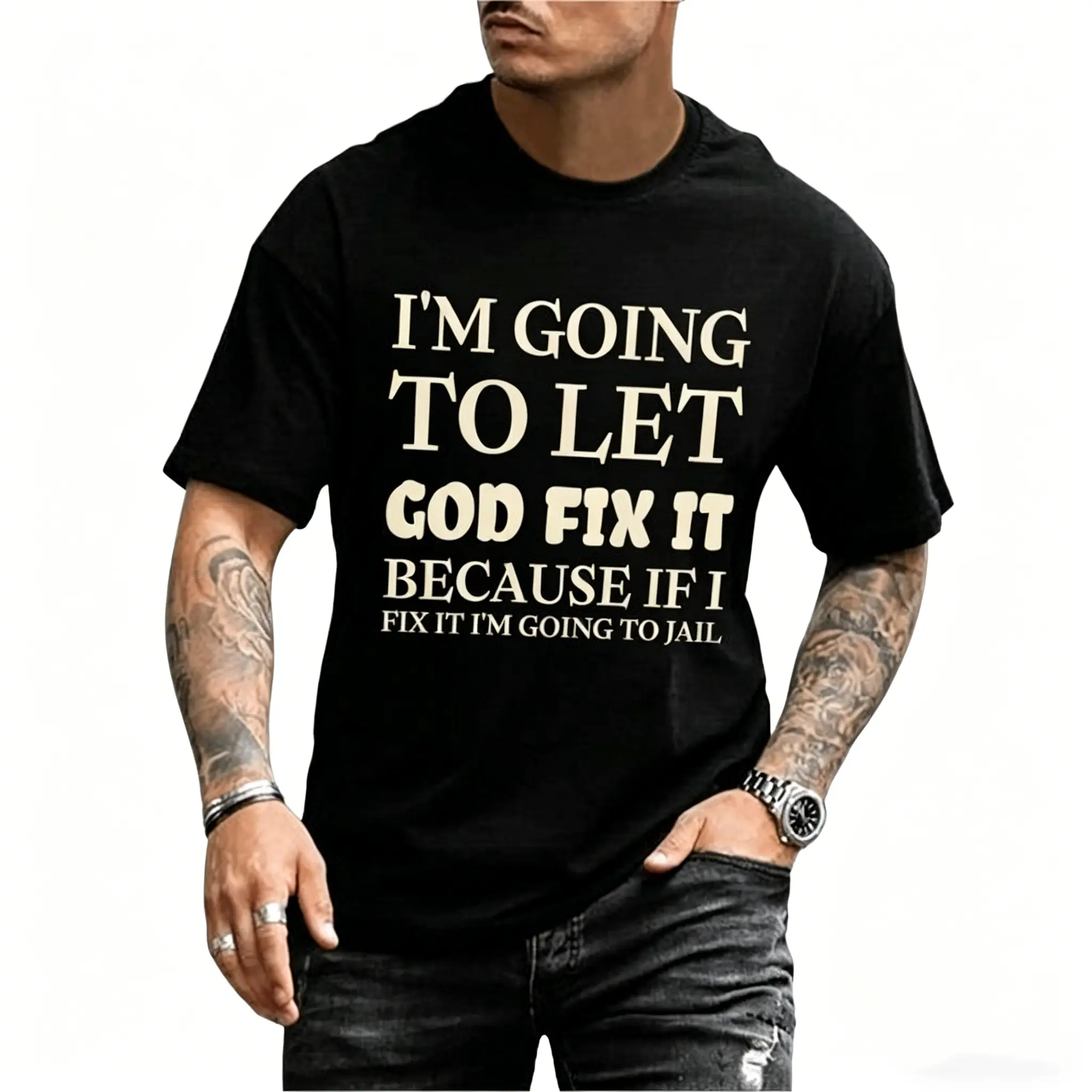 Let God Fix It Graphic T-Shirt For Men Casual Summer Short Sleeve Tee With White Lettering Lightweight Breathable Relaxed Fit Black Top T-Shirt