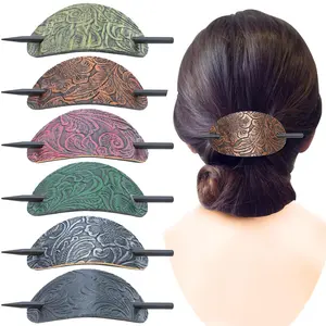 6 Pieces Leather Hair Barrettes with Stick Hair Accessories - Ponytail Clips, Hair Sticks, and Pins for Women's Long Hair
