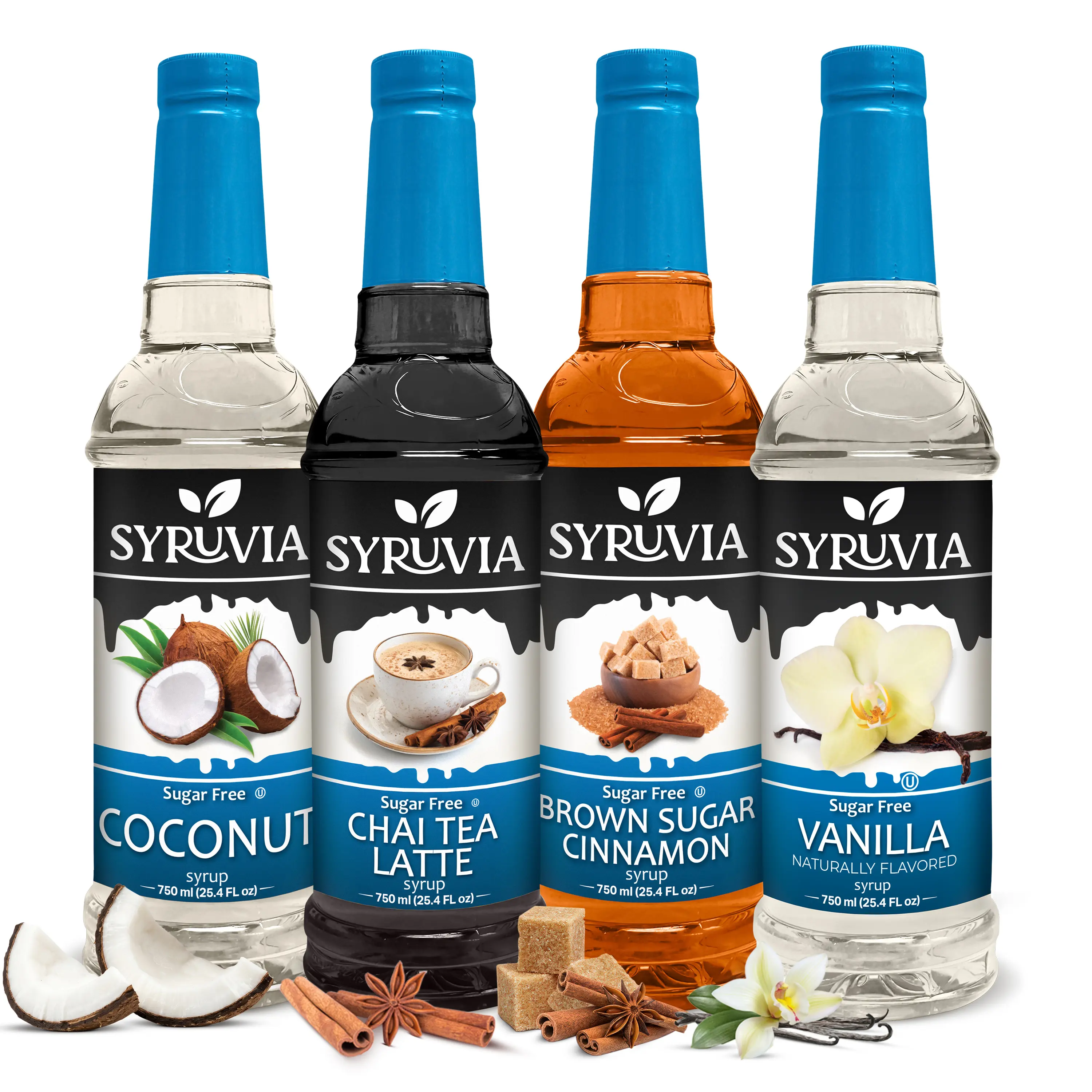 Syruvia Sugar Free Coffee Syrup Variety Pack – Coconut, Chai Tea Latte, Brown Sugar Cinnamon & Vanilla – Kosher, Gluten-Free Syrups for Coffee, Desserts & More – 25.4 fl oz Bottles (4-Pack), Flavor