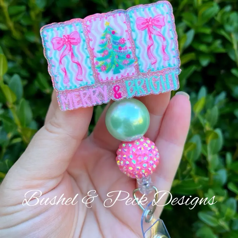 Bushel & Peck Designs preppy Christmas Badge Reel 2.0" Acrylic Hand Glittered Epoxy Sealed Retractable Clip for Scrubs Shirt Pocket Belt Loop Lanyard