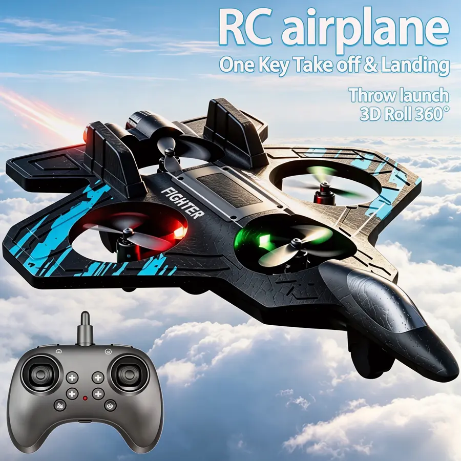 Remote Control Foam Stunt Fighter Plane, RC Glider with LED Navigation Lights, 4-Axis Design, 3D Flips & Circle Flight Mode