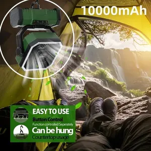 USB Rechargeable Camping Fan 10000mAh Portable Air Circulators 270 ° Head Rotation Tent Fan with Hook&LED Light for Outdoor Bluetooth Foldable