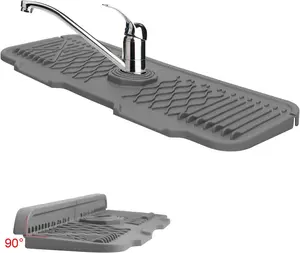 Silicone Kitchen Faucet Drain Pad with 5° Slope, Non-Slip Sink Splash Guard & Drip Catcher Tray, 90° Folding Design, 2 Drains, Fast Drying Mat (Grey, 17 x 5.9 Inch)