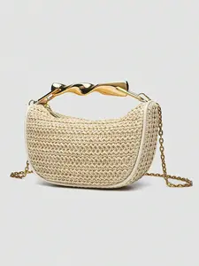 Niche design straw woven half-moon underarm bag, metal wave handle, chain cross-body holiday style, personality versatile single shoulder small square bag, suitable for daily commuting, Chain Strap Crossbody, Crossbody Purse