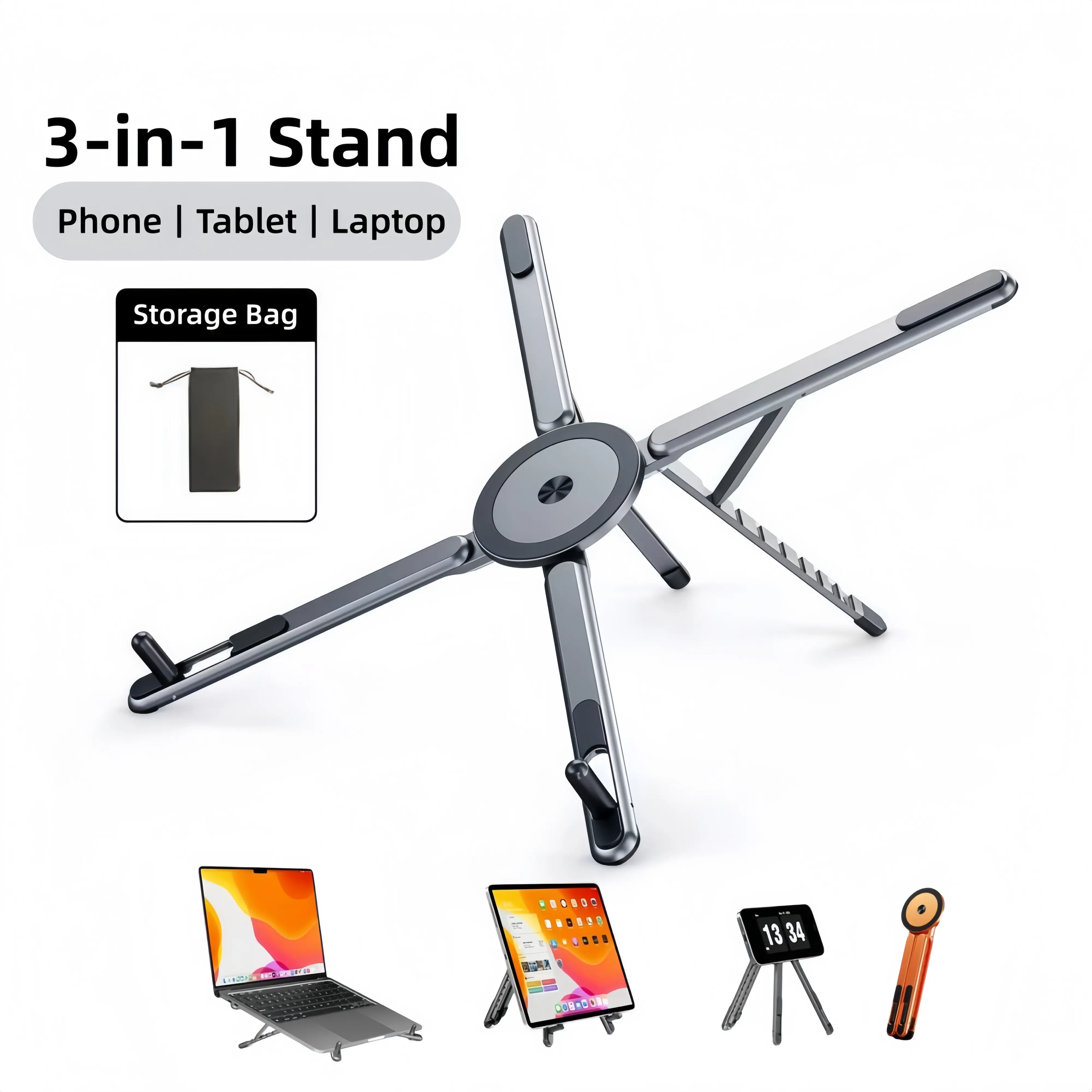 3-in-1 Magnetic Laptop Stand & Tripod for Desk – Foldable Aluminum Adjustable Riser with Strong Magnetic Grip, Portable Holder for MacBook, iPad, iPhone & 4–16” Devices, Computer Stand For Laptop, Desk Mount Stand