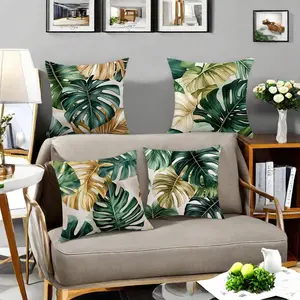 Leaf Print Cushion Cover, 4 Counts/set Tropical Plant Pattern Throw Pillow Cover, Household Decoration Supplies for Home Living Room Bedroom