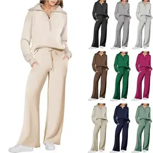Women's2PieceOutfitsCasualLapelHalfZipSweatshirtsAndWideLegPantsTracksuitSets