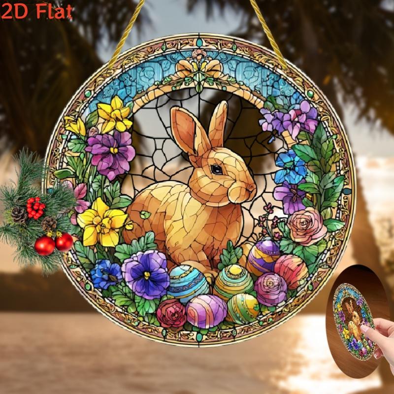 2D Flat, 1pc Bohemian Stained Glass-Style Easter Bunny & Floral Suncatcher Round Acrylic Window Hanging with & Tulip Patterns, Easter Decor, Garden Ornament, Housewarming Gift