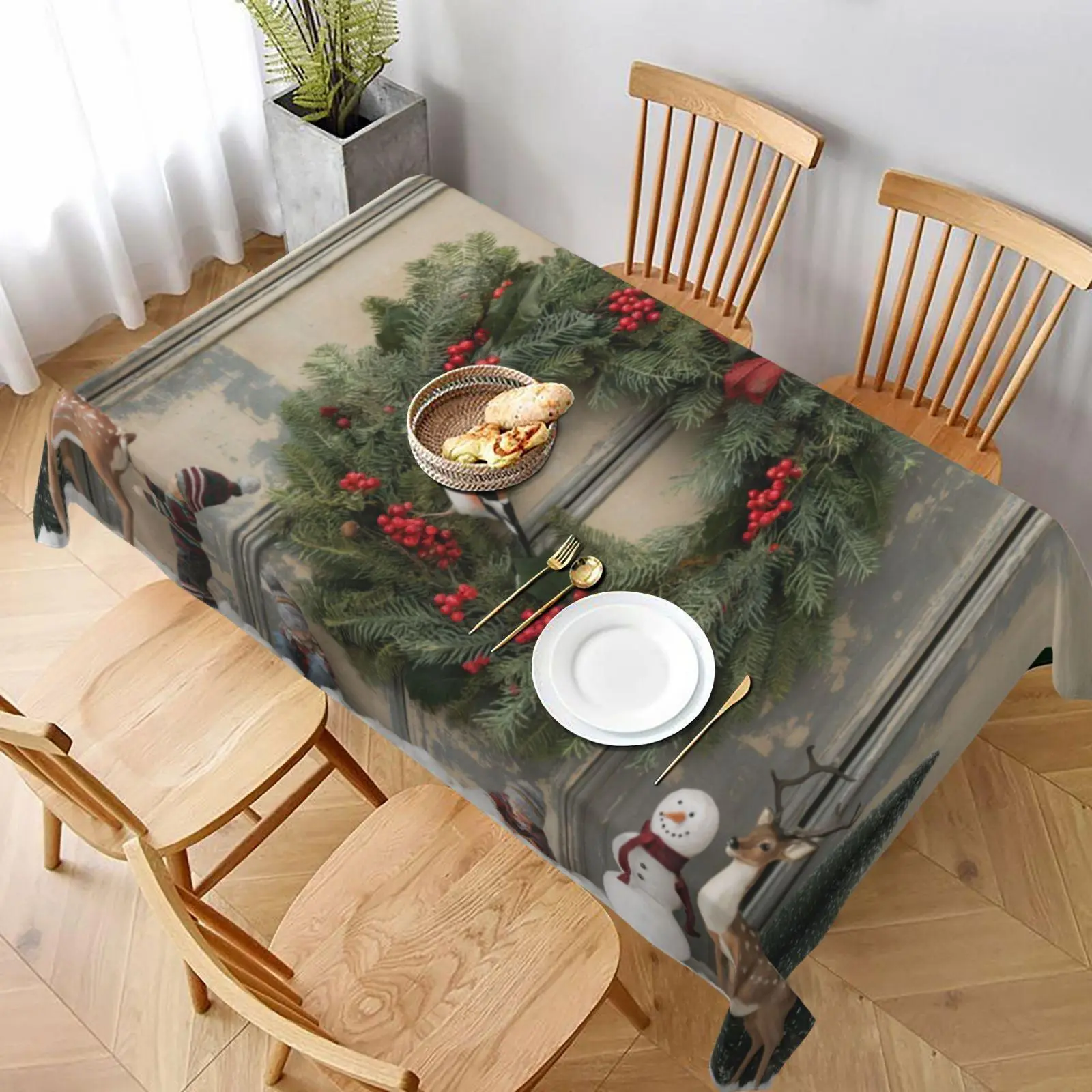 Merry Christmas Themed Tablecloth, 1 Count Wreath Pattern Festive Atmosphere Tablecloth, Festive Decoration Supplies for Home Office