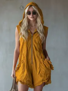 Red Hooded Sleeveless Romper with Zipper Closure and Pockets for Women's Fashionable Outfit