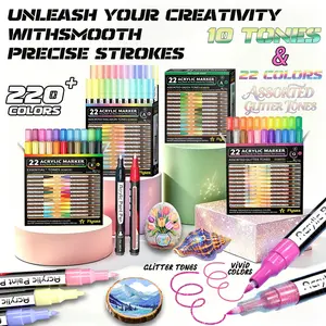 Flysea Acrylic Paint Markers Set, 22 Pieces, 0.7mm Fine Tip, Quick Dry, Non-Discoloring, Ideal for Stone, Wood, Metal, Glass, Canvas, DIY Art