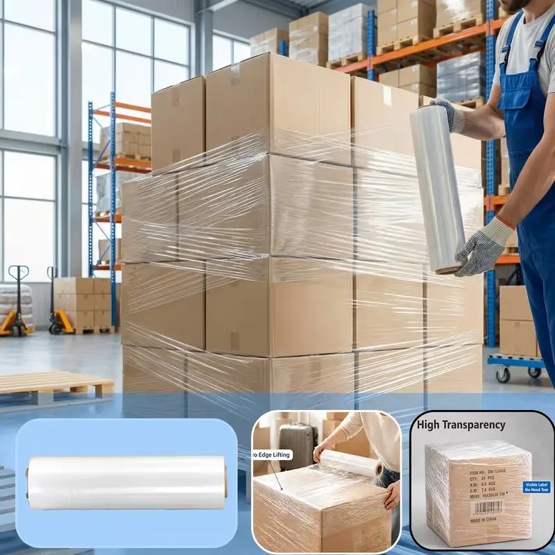19.69-inch heavy-duty transparent stretch film roll, suitable for pallet packaging for storage, transportation and delivery, self-adhesive plastic shrink film, used for party supplies, storage, luggage and home organization protection