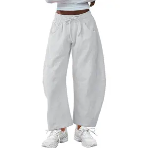 Tanming Women's Barrel Leg Pants Basic or Fleece Lined Elasticated Waist and Soft Wide Leg Pants with Pockets Casual All-Season Sweatpants