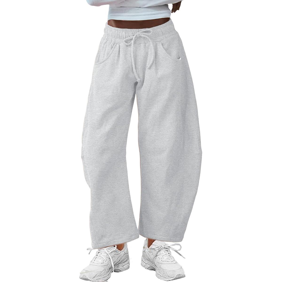 Tanming Women's Barrel Leg Pants Basic or Fleece Lined Elasticated Waist and Soft Wide Leg Pants with Pockets Casual All
