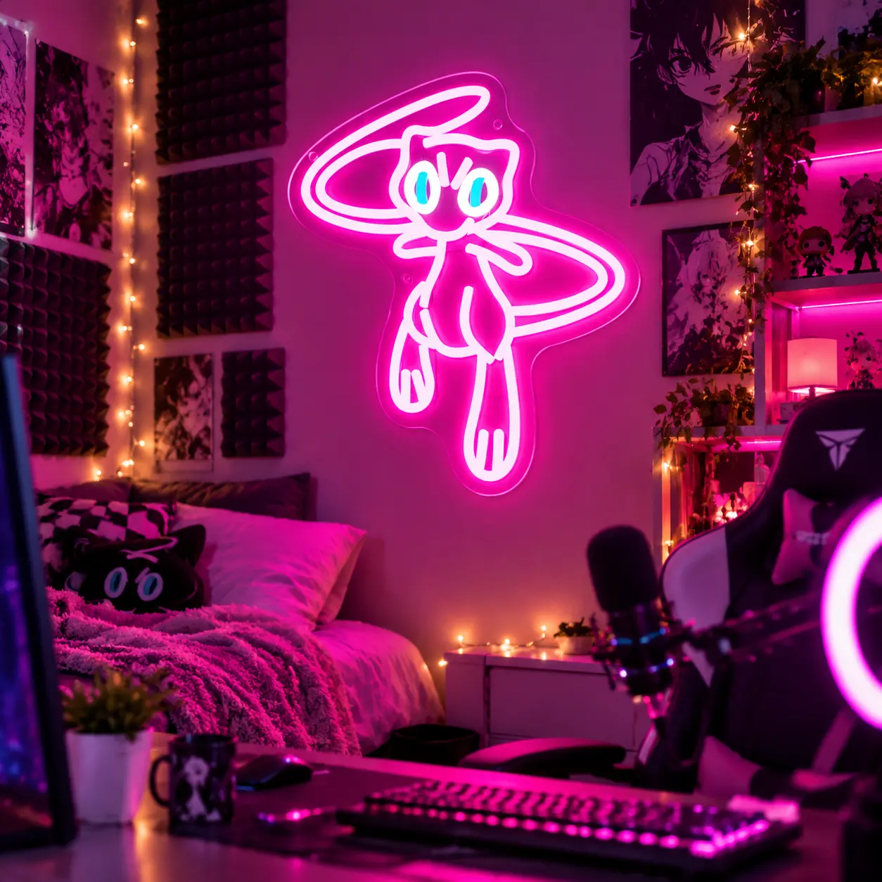 Pokémon Mewtwo Cartoon Neon Sign, Dimmable LED Neon Light Sign, Acrylic Backboard Neon Wall Decor for Bedroom Game Room Man Cave, Indoor USB Powered Neon Wall Art for Party Holiday Decor
