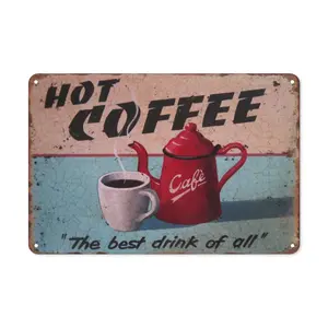 WSTKJW Coffee Shop Hot Coffee Vintage Metal Tin Sign Poster Home Plaque Poster Wall Art Restaurant Pub Bar Decor 8x12 Inch Signage Decoration
