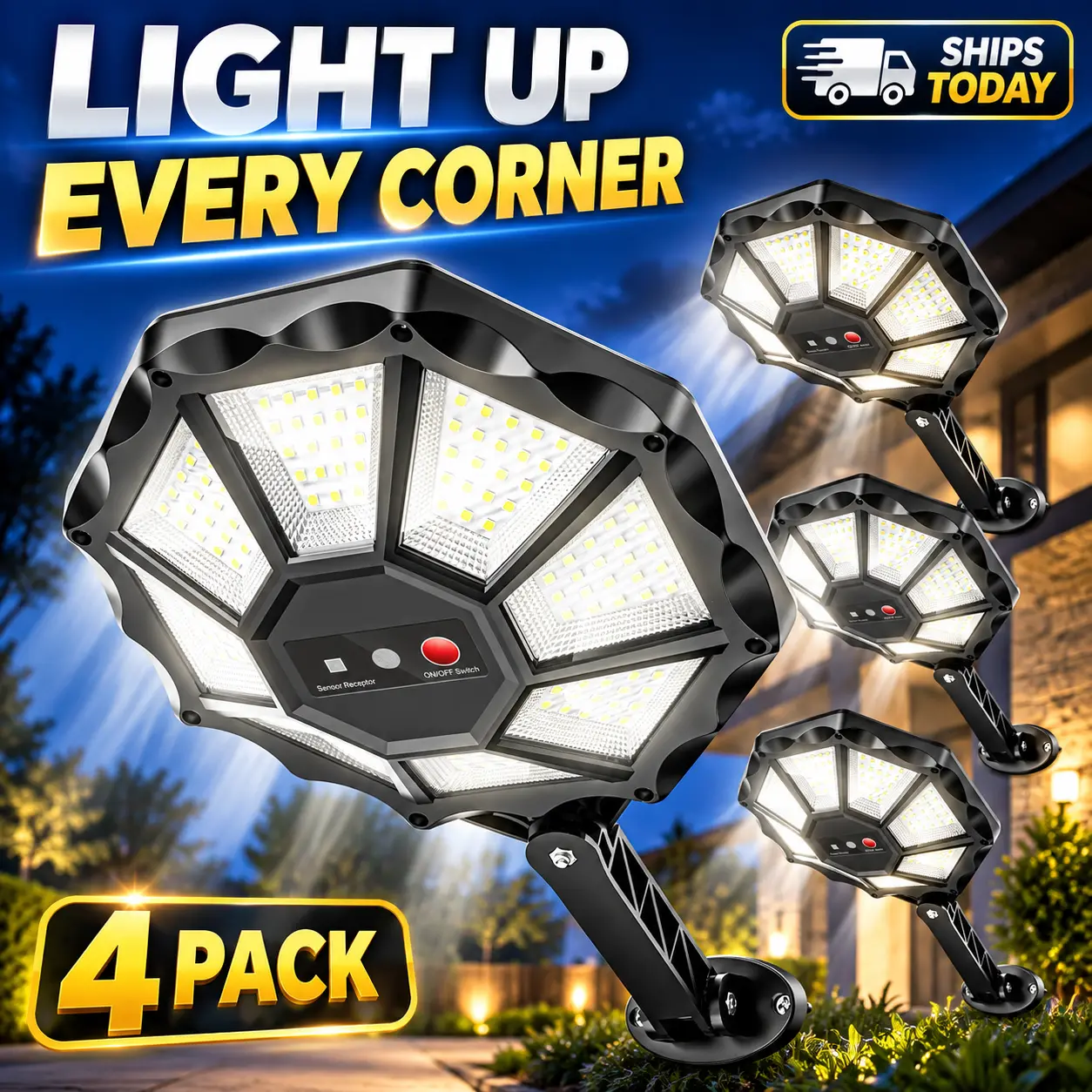 OKPRO 4 Pack Solar Flood Lights Outdoor, 672 LED (168 Each) 6500K 360° Motion Sensor Security Light with Remote, IP66 Waterproof Dusk to Dawn 3 Modes for Yard Garage Patio Porch Driveway Garden Fence festival gift