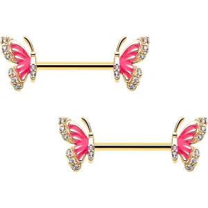 14G 9/16 Clear CZ Gem Gold Tone Butterfly Pink Splash Barbell Nipple Ring Set