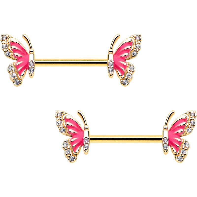 14G 9/16 Clear CZ Gem Gold Tone Butterfly Pink Splash Barbell Nipple Ring Set