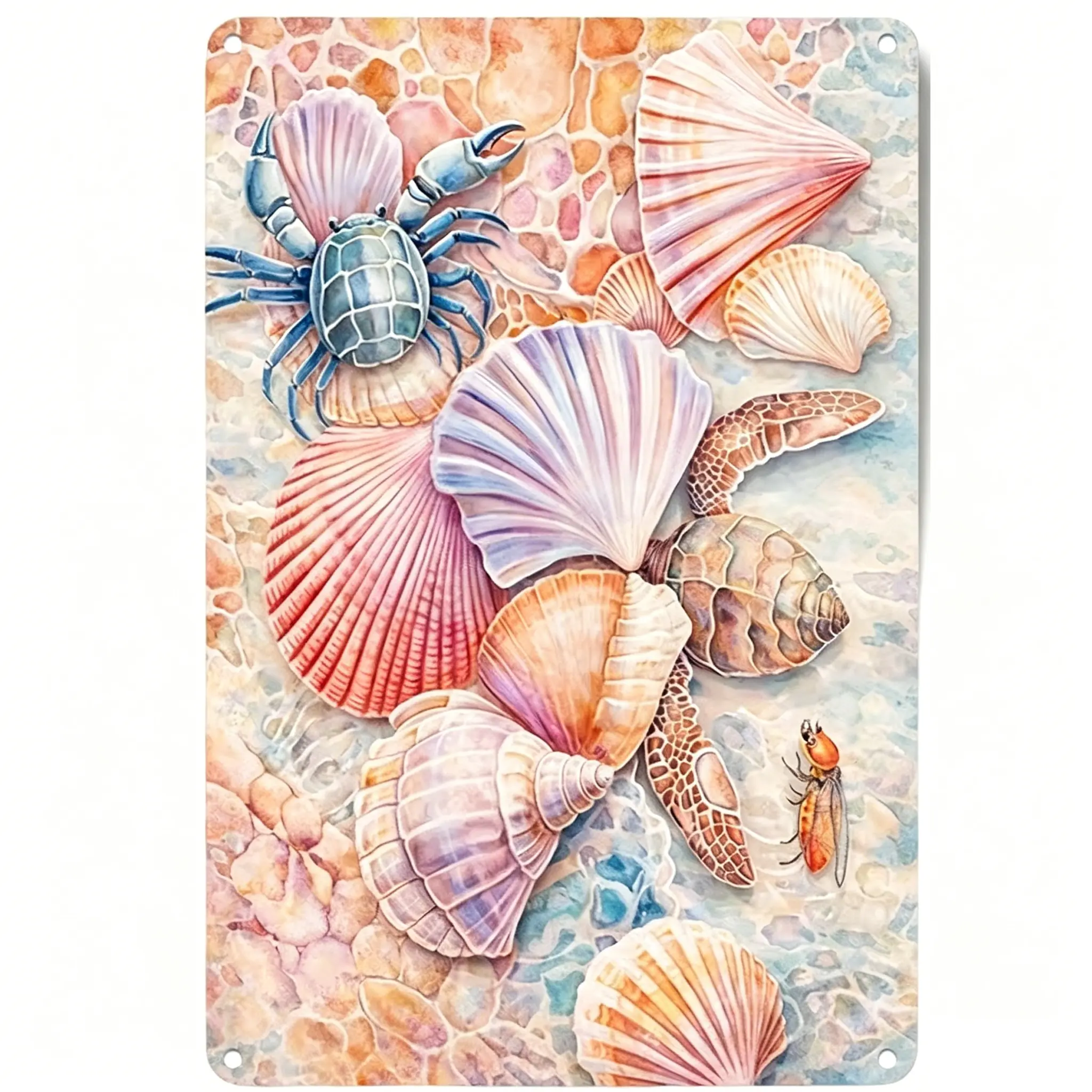 Watercolor Seashell Ocean Creatures Metal Tin Sign, Coastal Beach Wall Art Decor, Pastel Shell Crab Sea Turtle Vintage Iron Plaque,Watercolor Crab Turtle Conch Coastal Decor, Vintage Nautical Ocean Themed Iron Plaque, Summer Outdoor Indoor Wall Art Decor