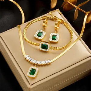 3PCS Square Jewelry Set Fashionable And Light-Luxury Style Emerald Green Sugar Cube Zircon Pendant Collarbone Chain, Earrings, And Bracelet Three-Piece Set