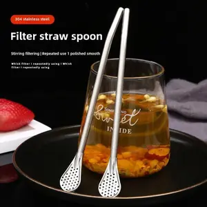 Stainless Steel Straw & Strainer Spoon, 2 Counts/set Long Handle Straw Spoon with Brush, Drinking Straw, Beverage Utensil, Kitchen Accessories for Home Office Picnic