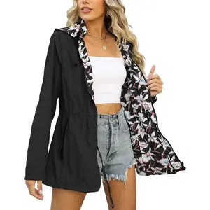Women Reversible Lightweight Jacket Casual Windbreaker Outerwear Waterproof Outdoor Printed Raincoat