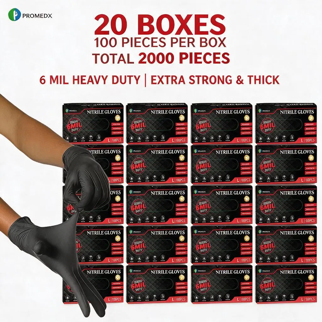 PROMEDIX P Heavy Duty Nitrile Gloves, 6mil Thickened Rugged Nitrile Material, 100-Count Black Disposable Waterproof Latex-Free Powder-Free Pet Hair Remover Gloves for Industrial Auto Repair, Home Care Cleaning, Thickened Cleaning Gloves