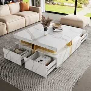 Modern Large Square Coffee Table with 4 Drawers, White Marble Coffee Table for Living Room, Contemporary Square Center Table with Gold Metal Bars for Reception Room, Office, 43" D X 43" W X 16.5" H