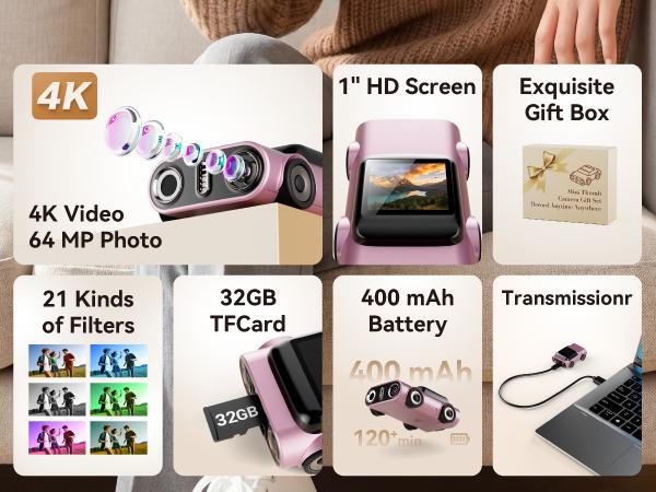 Mini camera with car design - vlog camera, equipped with fill light and wireless microphone, 32GB large memory, 4K high-definition video recording and photography, short video creation tool, portable anti shake outdoor travel home and children's gift