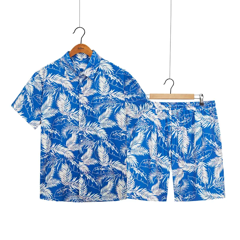 KZZ Men's 2-Piece Hawaiian Casual Stylish Set - Loose Leaf Print Shortsleeve Collared Neck Shirt & Elastic Waist Drawstring Pocket Shorts, for Summer Beach Holiday, Christmas Gifts for Him