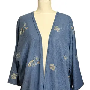 Blue Open Abaya with Floral Embroidery Detail - Lightweight Denim Blue Abaya for Modest Everyday Wear & Ramadan