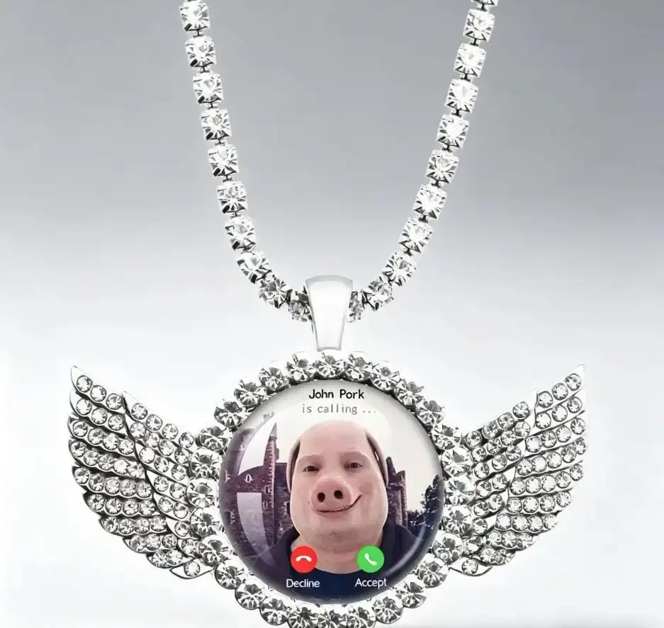 John Pork Is Calling Necklace, Bling Rhinestone Wings Pig Meme Pendant, Trendy Unisex Chain Jewelry Funny Gift for Meme Fans Pig Lovers Teen Women Men