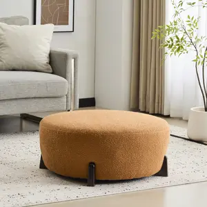 ARCH Modish Round Ottoman: Boucle Top with Splayed Rubber Wood Legs, Pumpkin Orange