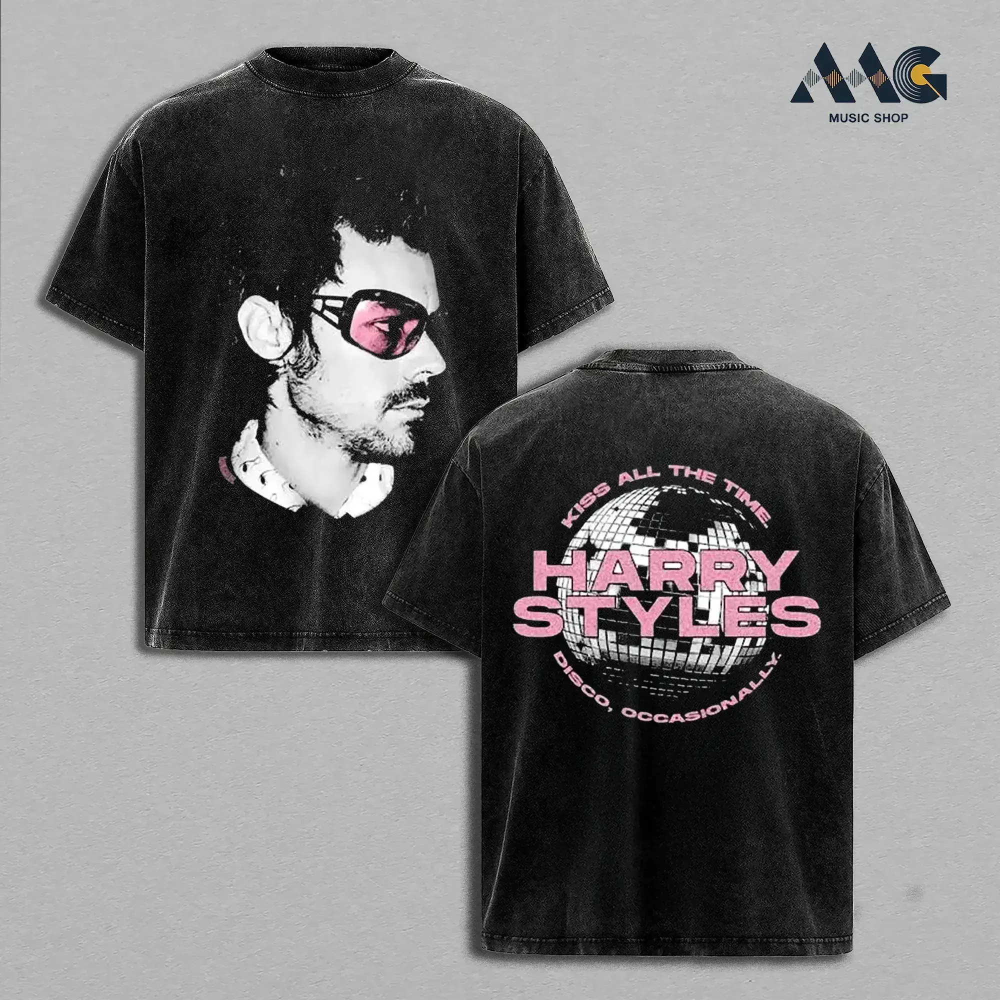 Harry Styles Kiss All The Time Disco Occasionally Vintage Washed Shirt, Pop Rock Artist Photo Print Graphic Tees, Retro Pink Glasses Aesthetic Streetwear, Heavyweight Cotton Oversized Music Concert Fan Apparel