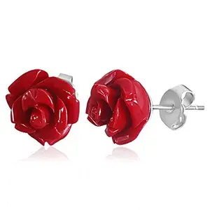 Stainless Steel Red Polymer Clay Flowers Rose Stud Earrings