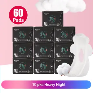 10 Packs/60 Counts Zhuyin Night Sanitary Napkin, Organic Cotton Super Absorbency Menstual Pads with Wings for 290mm Longer Night Pads, Unscented for Heavy Flow