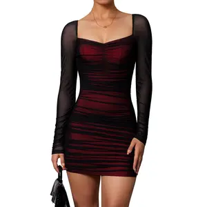 OYS Women's Sexy Long Sleeve Ruched Bodycon Stretchy Mini Party Club Dress
