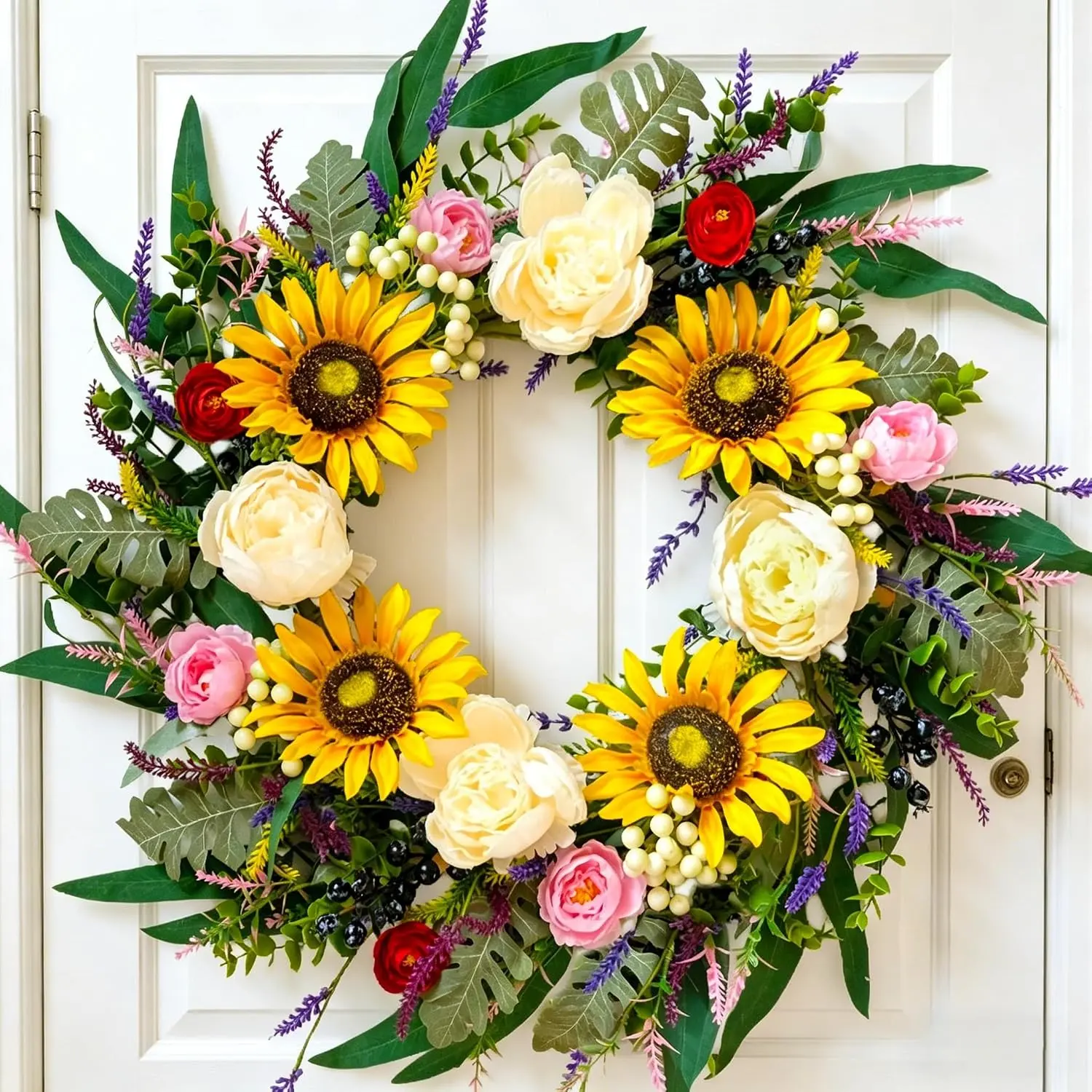 24 Inch Sunflower Wreath for Front Door,Spring Summer Wreath with Peonies Lavender Eucalyptus, Farmhouse Style Wreaths for Indoor Outdoor Wall Window Home Decor Wedding Party Festive Decor