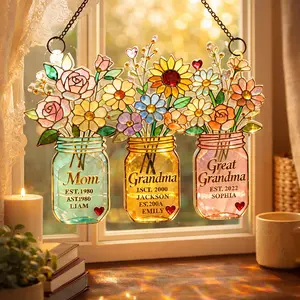 Personalized Generations Floral Jar Suncatcher with Name, Mom Grandma Great Grandma Flower, Mothers Day Acrylic Window Hanging Decor Gift