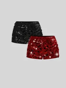 Classic Ultra Short Shiny Casual Shorts Set, Two-Piece Fashionable Summer Wear, Comfortable & Stylish Women's Clothing, Shorts Sets Outfits