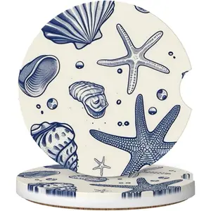 Absorbent Ceramic Car Coasters for Cup Holders, Blue Sea Starfish Shells Design 2.56" Anti Slip Universal Drink Cup Coasters for Women Men (2 Pack)