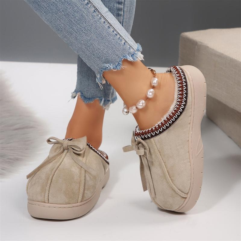 Women's Winter Warm Fuzzy Slippers Bow Accent Slip-On Thick Sole Versatile Indoor Outdoor Shoes