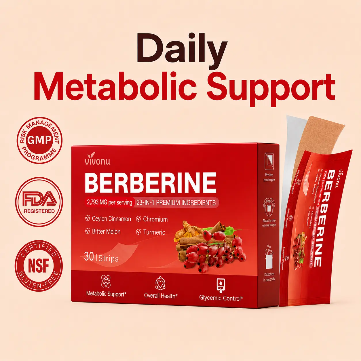 VIVONU  23-in-1 Advanced Berberine Oral Dissolvable Film, Natural Blend with Ceylon Cinnamon, Chromium, Bitter Melon & Turmeric, Supports Healthy Metabolism & Balanced Blood Glucose Levels