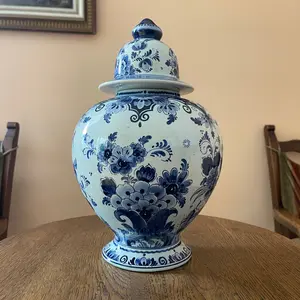 Vintage 11.5” Delft Blue Ginger Jar – Hand-Decorated Lidded Vase