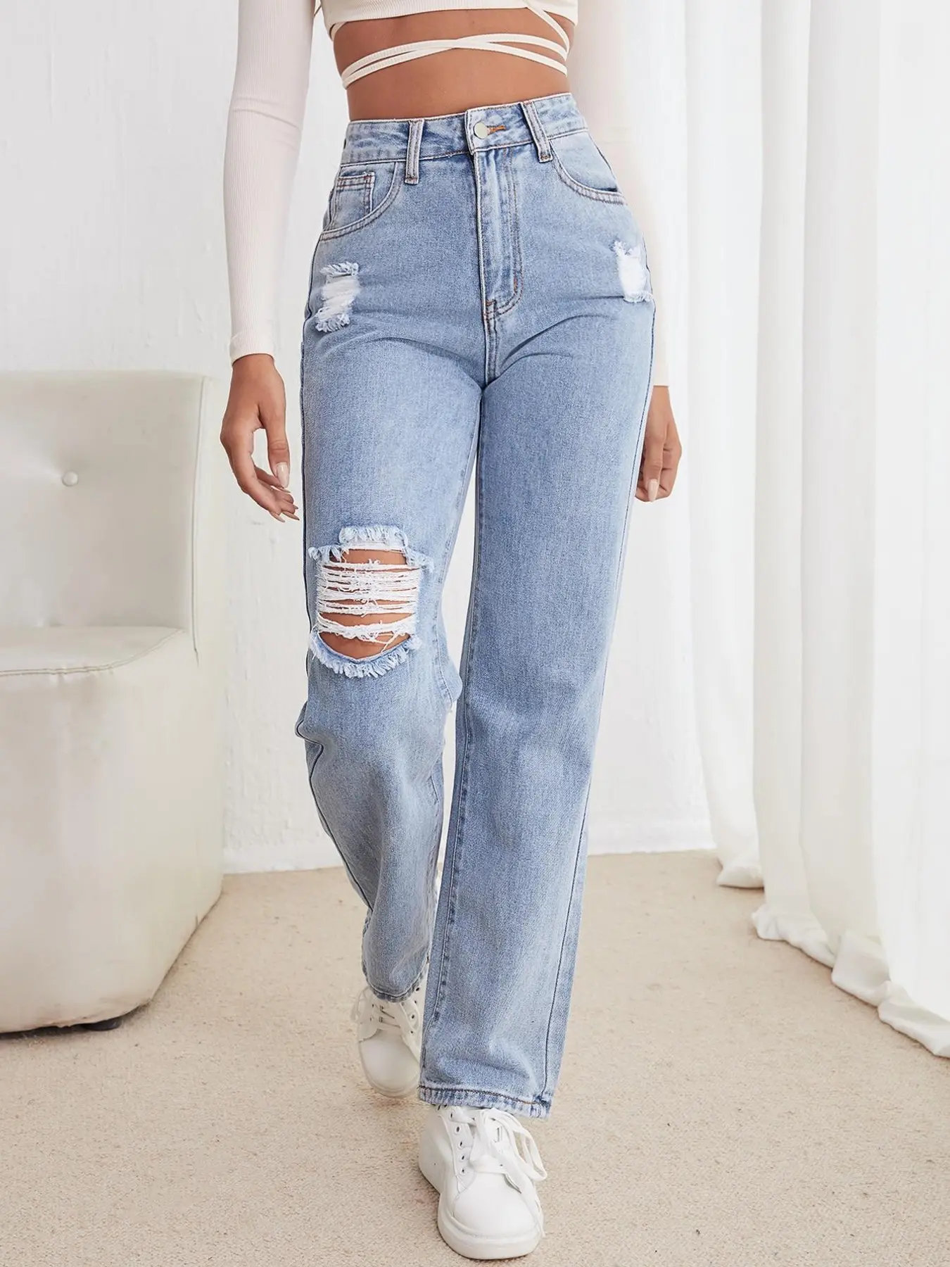 Light Wash High-Waisted Ripped Wide-Leg Jeans, Loose Fit Vintage Denim Long Pants, Casual Fitted Mid Waisted Jeans for All Seasons Summer, Bottom, Clothes