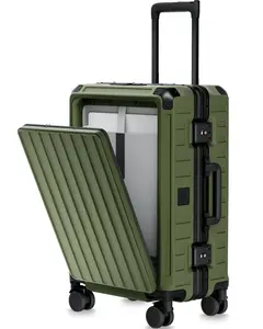 LUGGEX 21 Inch Zipperless Carry On Luggage with Spinner Wheels, Aluminum Polycarbonate Hard Shell Front Opening Suitcase, TSA & Cup Holder