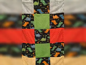 Patchwork Style Fleece and Minky Blanket: Polar Fleece Bright Dinosaurs Patchwork on Luxe Cuddle Caviar Hide